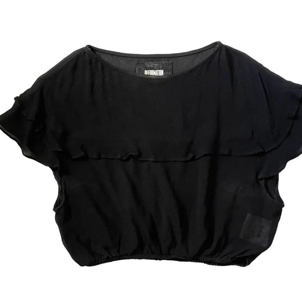 Reformation Black Ruffle Sleeve cropped Blouse extra small